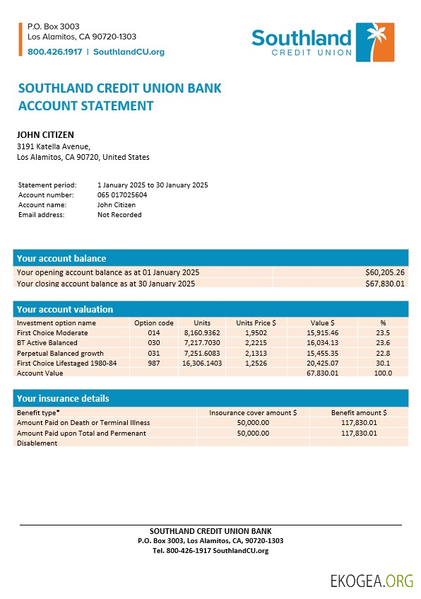 États Unis, Californie, Southland Credit Union Bank, relevé, modèle Word et PDF